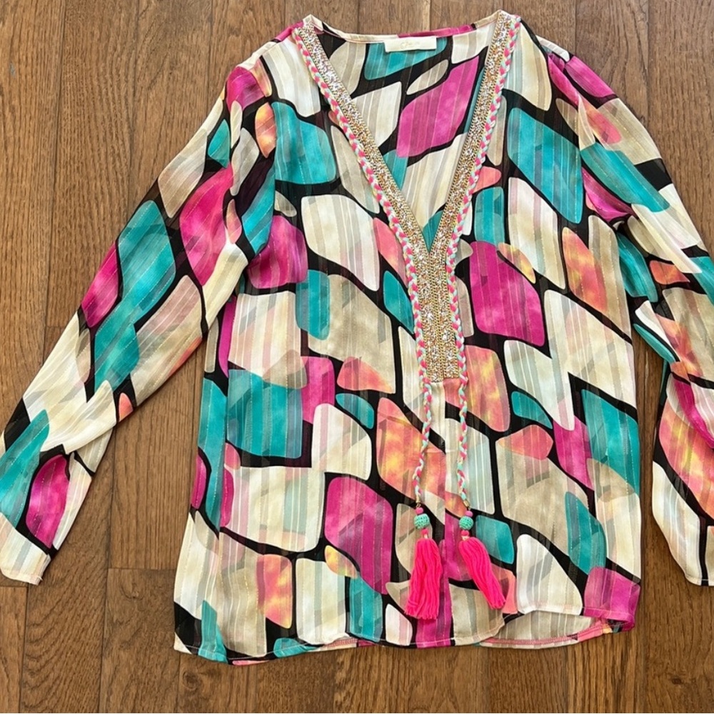 Colorful Geometric Long Sleeve Blouse with Tassels Size M